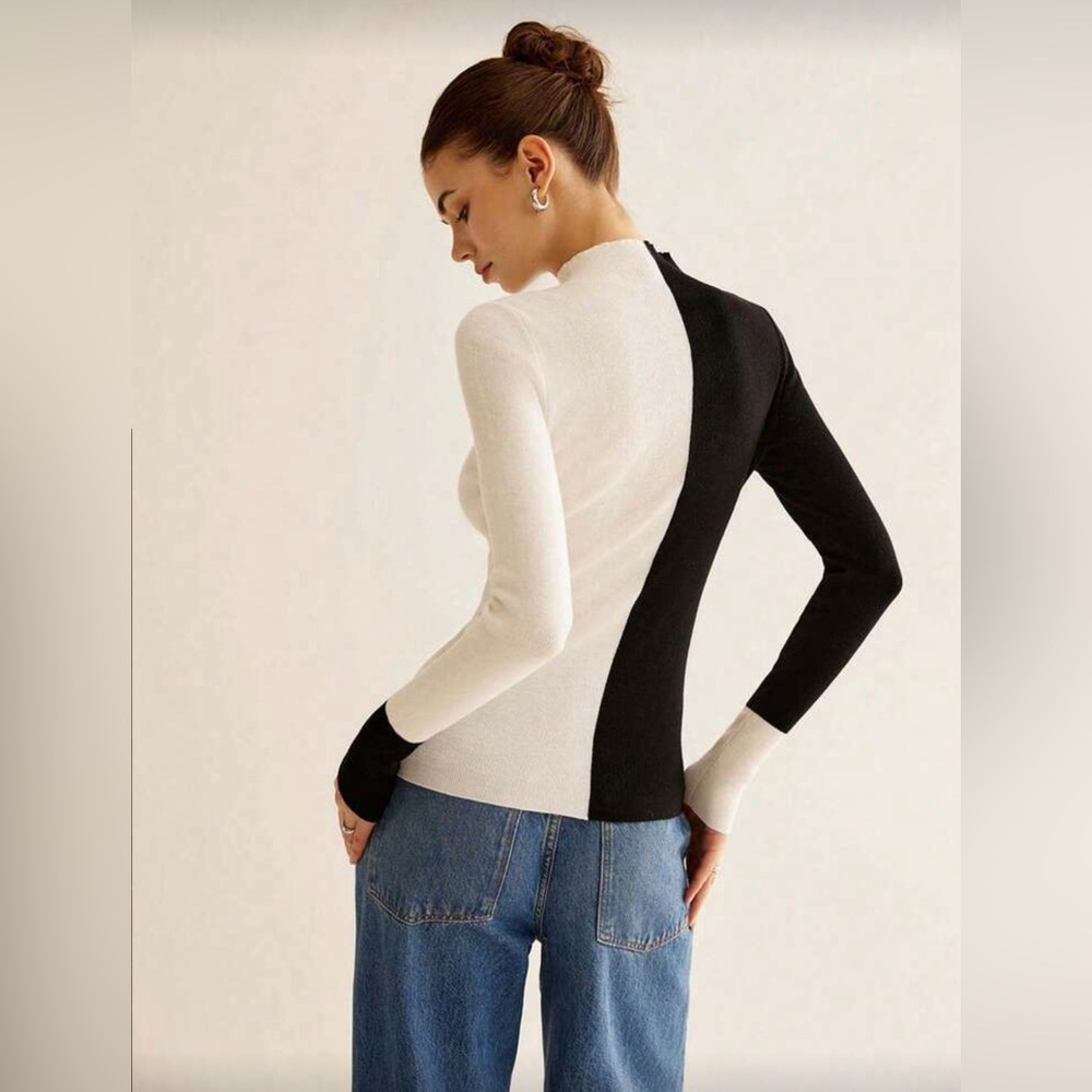 NEW Black and Cream/White Color Block Long Sleeve Top Size L (US 8/10) - Picture 3 of 7